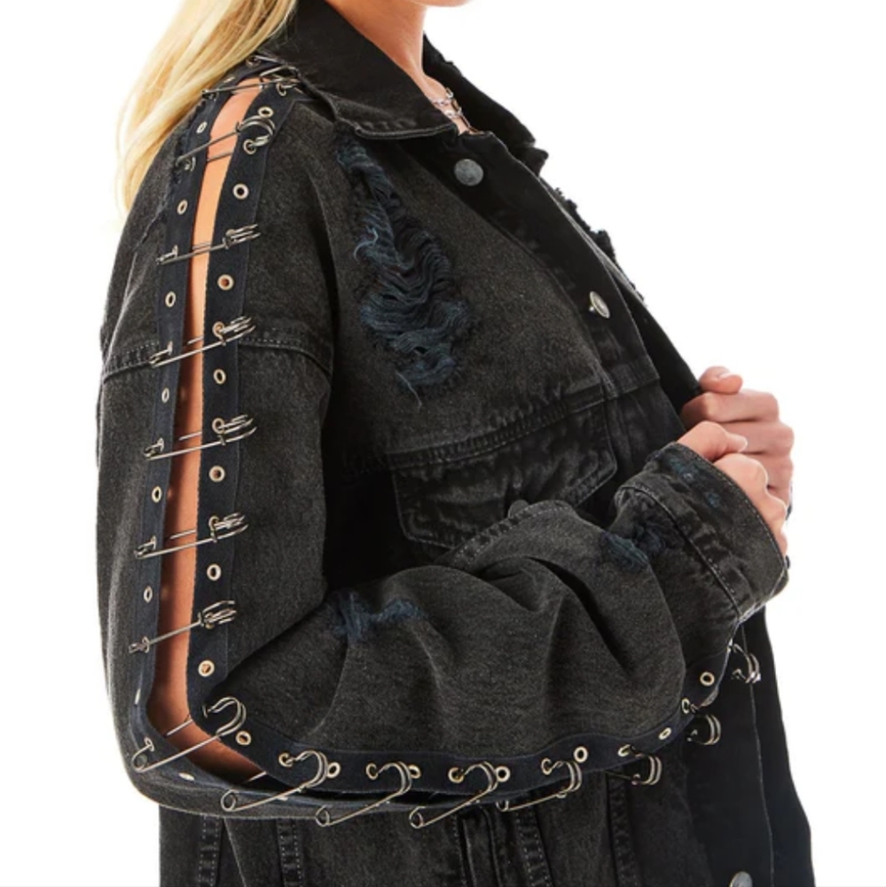 Carmar Audrey Safety Pin Sleeve Shredded Black Denim Jacket - Picture 5 of 10